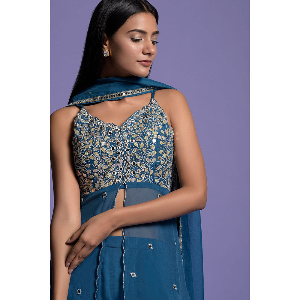 "Two Sisters" by Gyans Teal Blue Embroidered Organza Kurti with Sharara & Dupatta (Set of 3)
