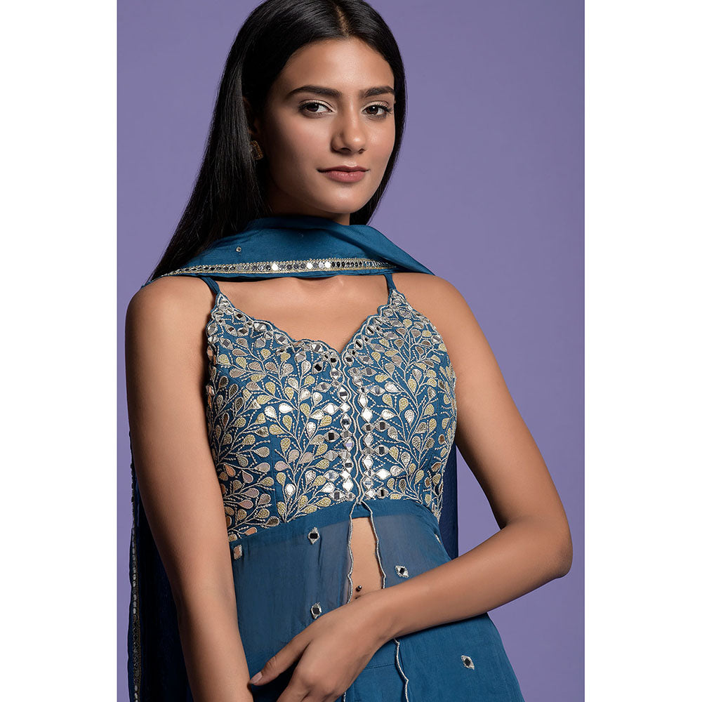 "Two Sisters" by Gyans Teal Blue Embroidered Organza Kurti with Sharara & Dupatta (Set of 3)