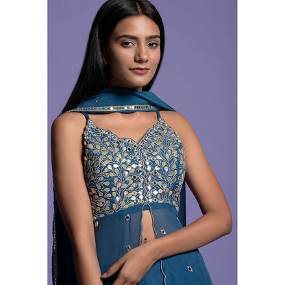 "Two Sisters" by Gyans Teal Blue Embroidered Organza Kurti with Sharara & Dupatta (Set of 3)