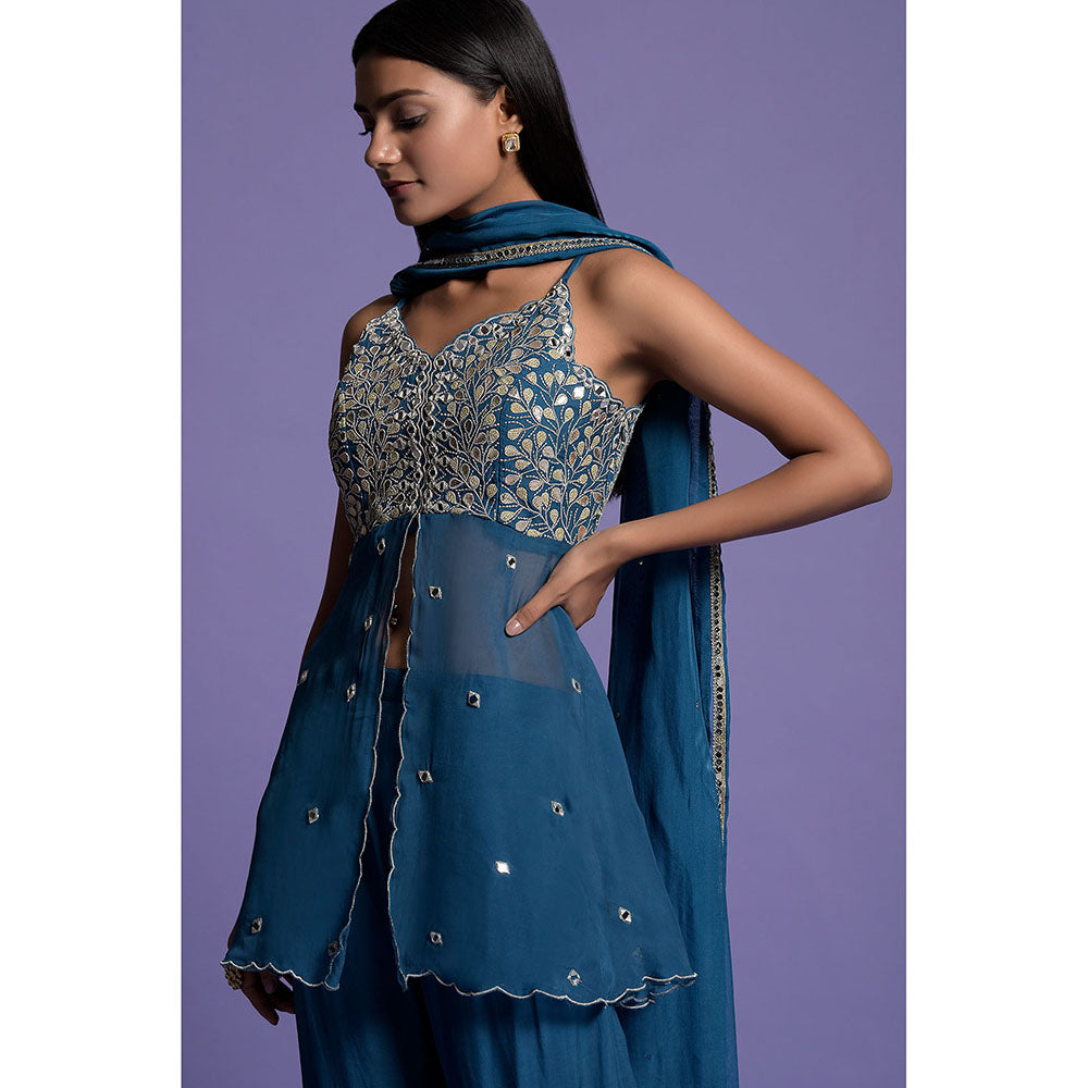 "Two Sisters" by Gyans Teal Blue Embroidered Organza Kurti with Sharara & Dupatta (Set of 3)