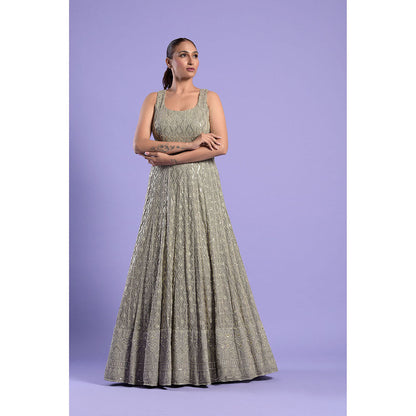 "Two Sisters" by Gyans Grey Embellished Georgette Chikankari Dress & Belt (Set of 2)