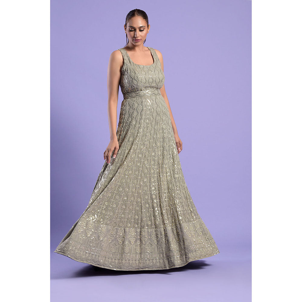 "Two Sisters" by Gyans Grey Embellished Georgette Chikankari Dress & Belt (Set of 2)