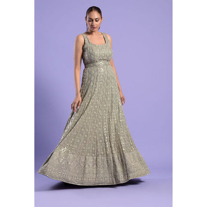 "Two Sisters" by Gyans Grey Embellished Georgette Chikankari Dress & Belt (Set of 2)