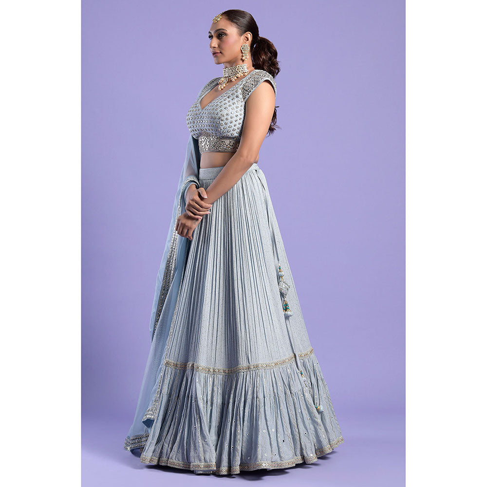 "Two Sisters" by Gyans Ice Blue & Silver Patra Blouse & Lehenga with Dupatta (Set of 3)