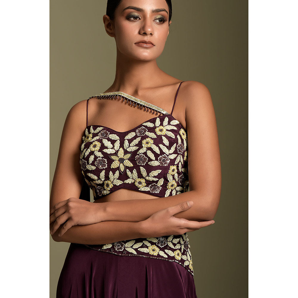 "Two Sisters" by Gyans Wine Crepe Crop Top & Palazzo (Set of 2)