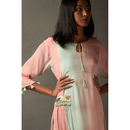 "Two Sisters" by Gyans Pastel Pink & Blue Georgette Embellished Draped Dress