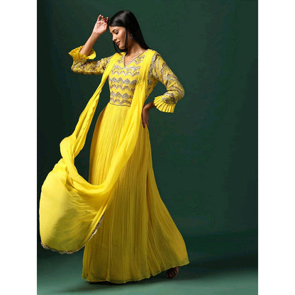 "Two Sisters" by Gyans Yellow Embroidered Georgette Maxi Dress