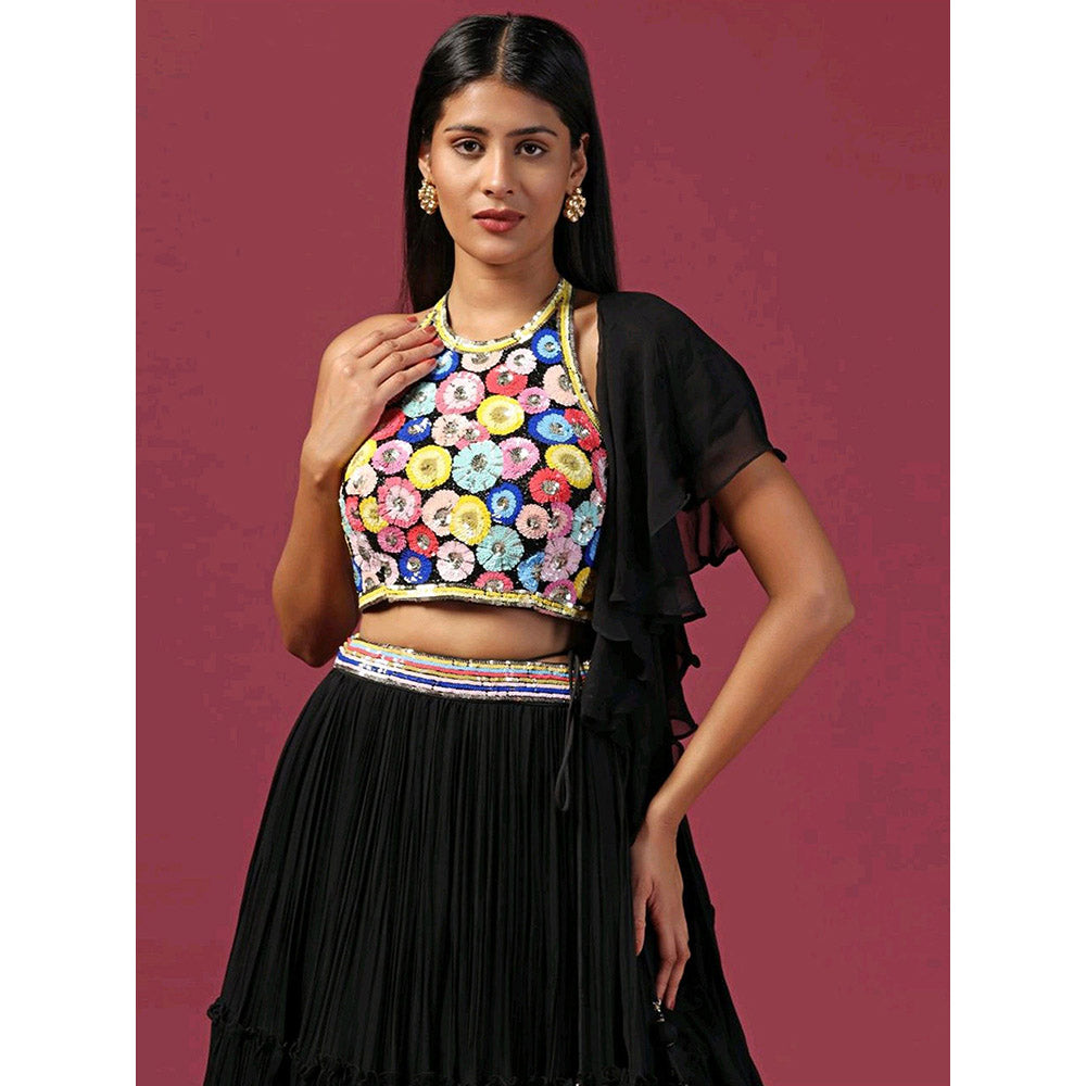"Two Sisters" by Gyans Black Embroidered Lehenga with Blouse and Dupatta (Set of 3)