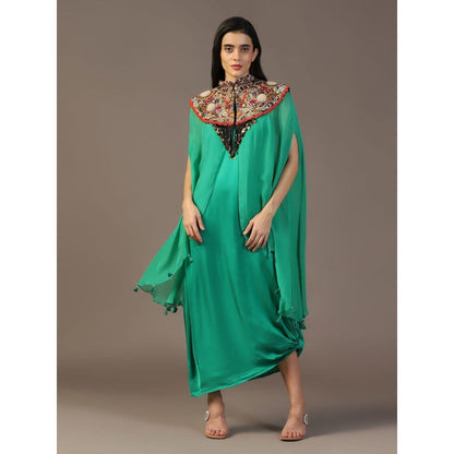 "Two Sisters" by Gyans Leaf Green Maxi Dress with Embroidered Cape (Set of 2)