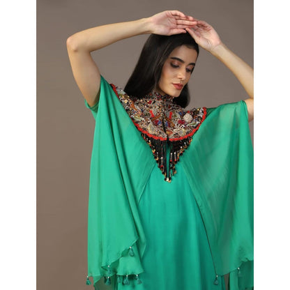 "Two Sisters" by Gyans Leaf Green Maxi Dress with Embroidered Cape (Set of 2)