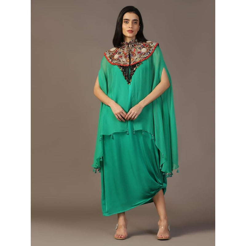 "Two Sisters" by Gyans Leaf Green Maxi Dress with Embroidered Cape (Set of 2)