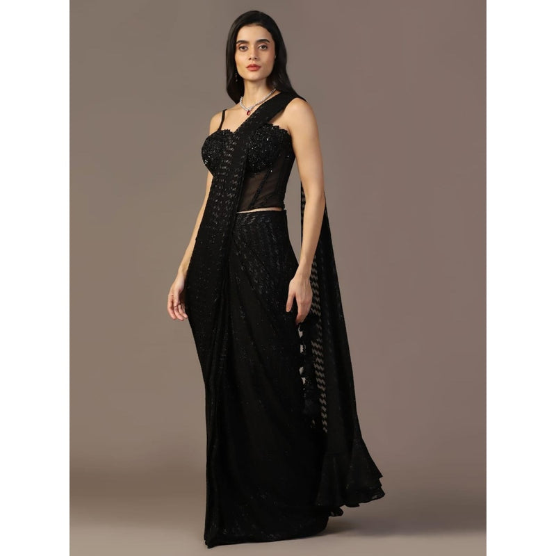 "Two Sisters" by Gyans Black Embroidered Pre-Draped Saree with Corset Top