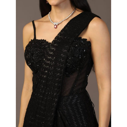 "Two Sisters" by Gyans Black Embroidered Pre-Draped Saree with Corset Top