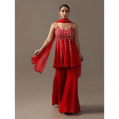 "Two Sisters" by Gyans Red Mirrorwork Sharara with Peplum Top and Dupatta (Set of 3)