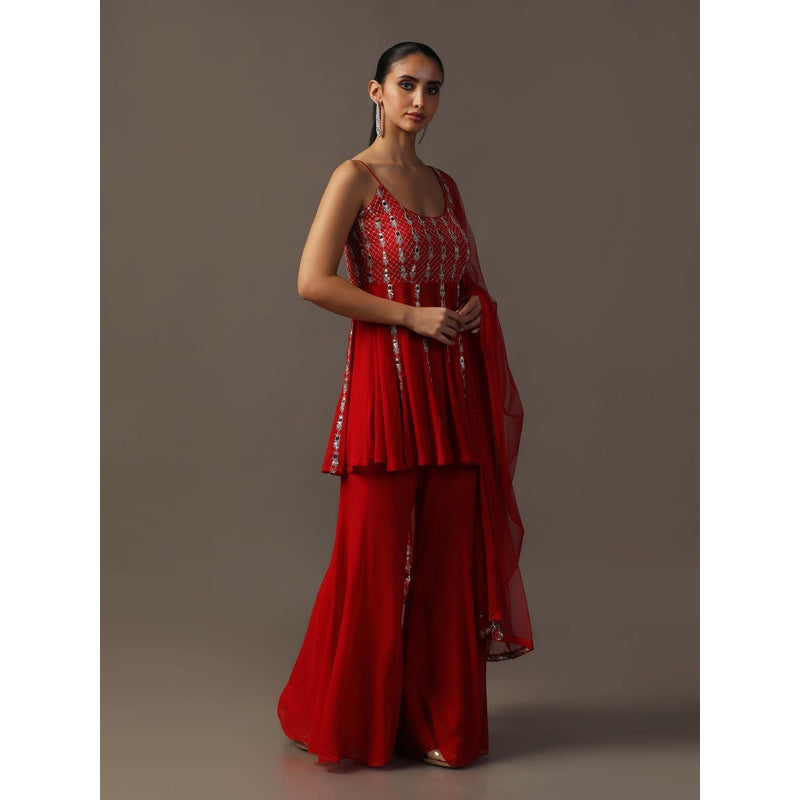 "Two Sisters" by Gyans Red Mirrorwork Sharara with Peplum Top and Dupatta (Set of 3)