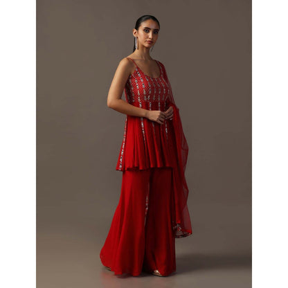 "Two Sisters" by Gyans Red Mirrorwork Sharara with Peplum Top and Dupatta (Set of 3)