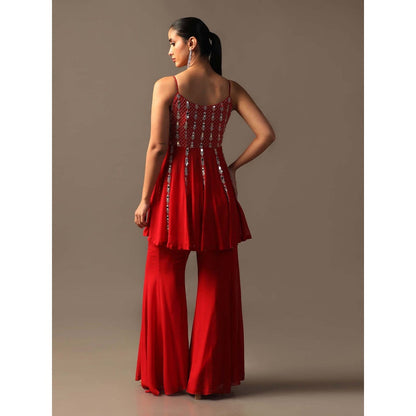 "Two Sisters" by Gyans Red Mirrorwork Sharara with Peplum Top and Dupatta (Set of 3)