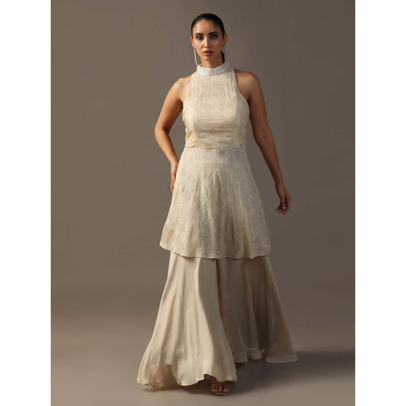 "Two Sisters" by Gyans Ivory Sequin Halter Kurta with Palazzo (Set of 2)