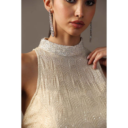 "Two Sisters" by Gyans Ivory Sequin Halter Kurta with Palazzo (Set of 2)