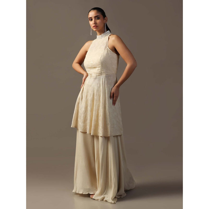 "Two Sisters" by Gyans Ivory Sequin Halter Kurta with Palazzo (Set of 2)