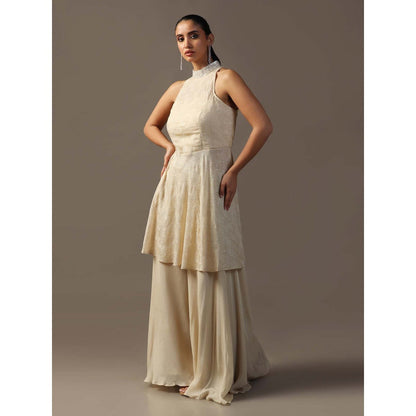"Two Sisters" by Gyans Ivory Sequin Halter Kurta with Palazzo (Set of 2)