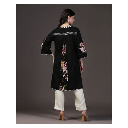 "Two Sisters" by Gyans Black 3D Shadow Floral & Applique Work Kurti With Pant (Set of 2)
