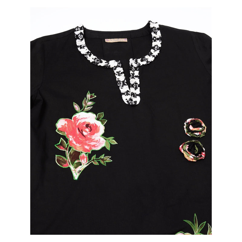 "Two Sisters" by Gyans Black 3D Shadow Floral & Applique Work Kurti With Pant (Set of 2)