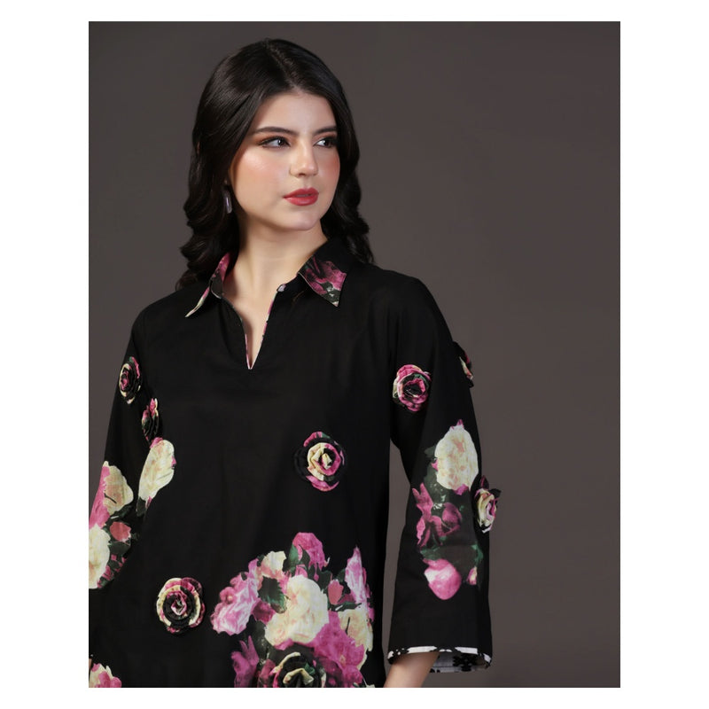 "Two Sisters" by Gyans Black 3 D Floral Applique Cotton Kurti With Pant (Set of 2)