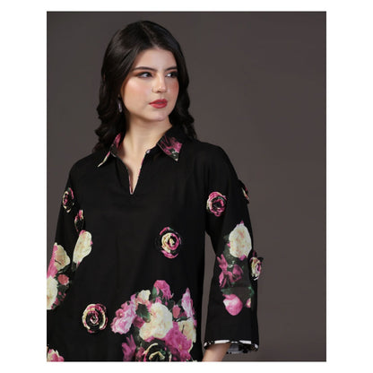 "Two Sisters" by Gyans Black 3 D Floral Applique Cotton Kurti With Pant (Set of 2)