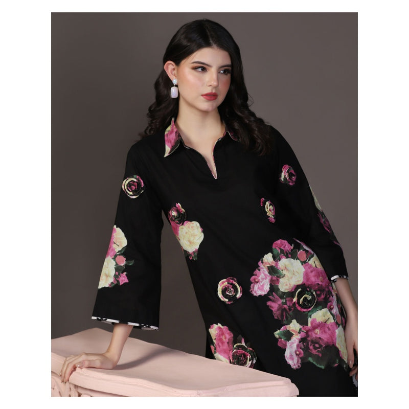 "Two Sisters" by Gyans Black 3 D Floral Applique Cotton Kurti With Pant (Set of 2)