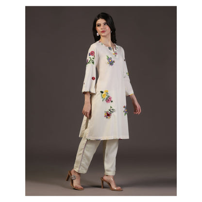 "Two Sisters" by Gyans White Whisper 3D Applique Printed Kurti With Pant (Set of 2)