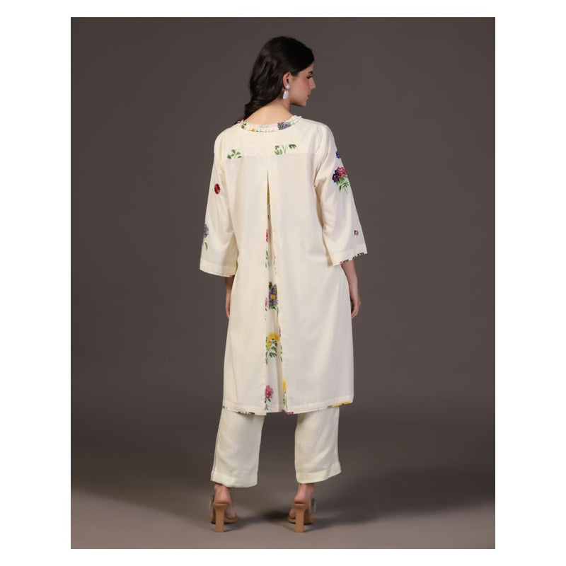 "Two Sisters" by Gyans White Whisper 3D Applique Printed Kurti With Pant (Set of 2)