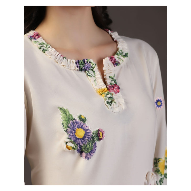 "Two Sisters" by Gyans White Whisper 3D Applique Printed Kurti With Pant (Set of 2)