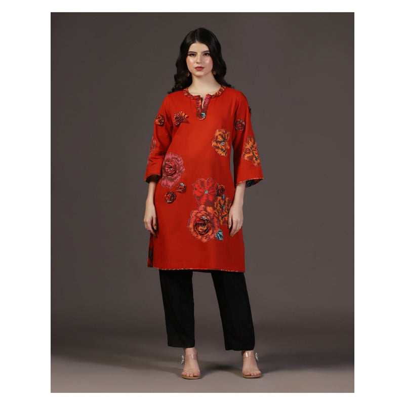 "Two Sisters" by Gyans Ruby Rhapsody Red Applique Printed Kurti With Pant (Set of 2)