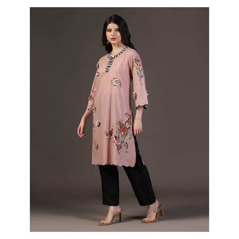 "Two Sisters" by Gyans Rose Whisper Peach Cotton Applique Printed Kurti With Pant (Set of 2)