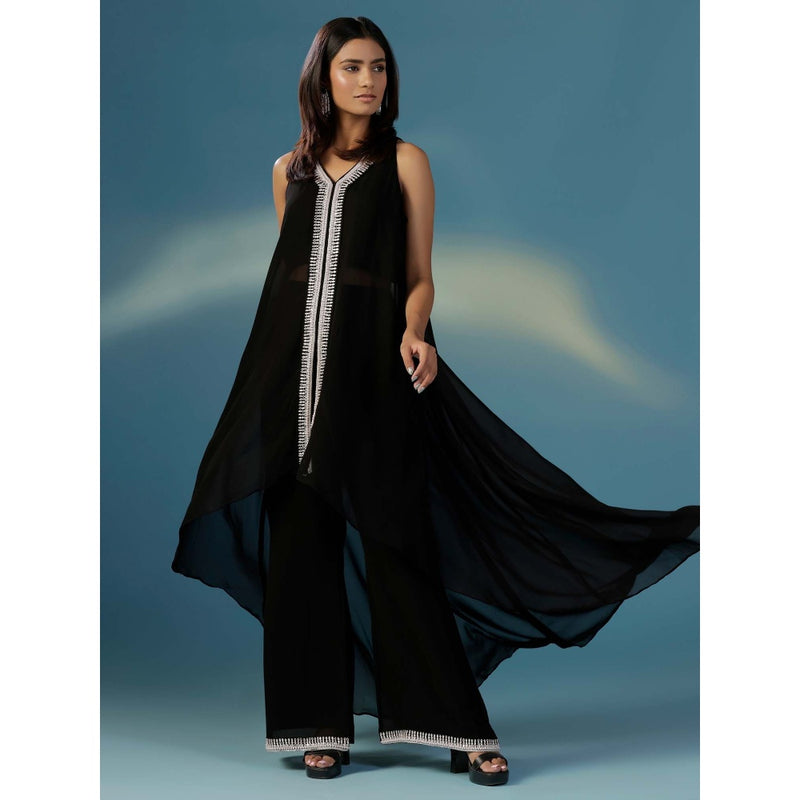 "Two Sisters" by Gyans Black Halter Georgette Hand Embroidery Cut Daba Co-Ord (Set of 2)