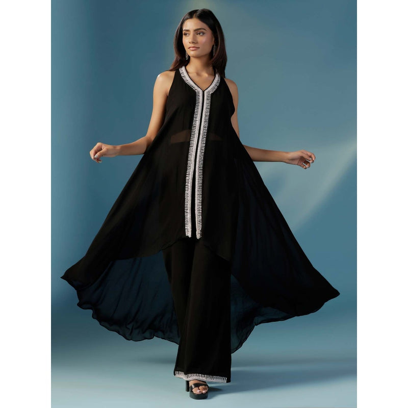 "Two Sisters" by Gyans Black Halter Georgette Hand Embroidery Cut Daba Co-Ord (Set of 2)