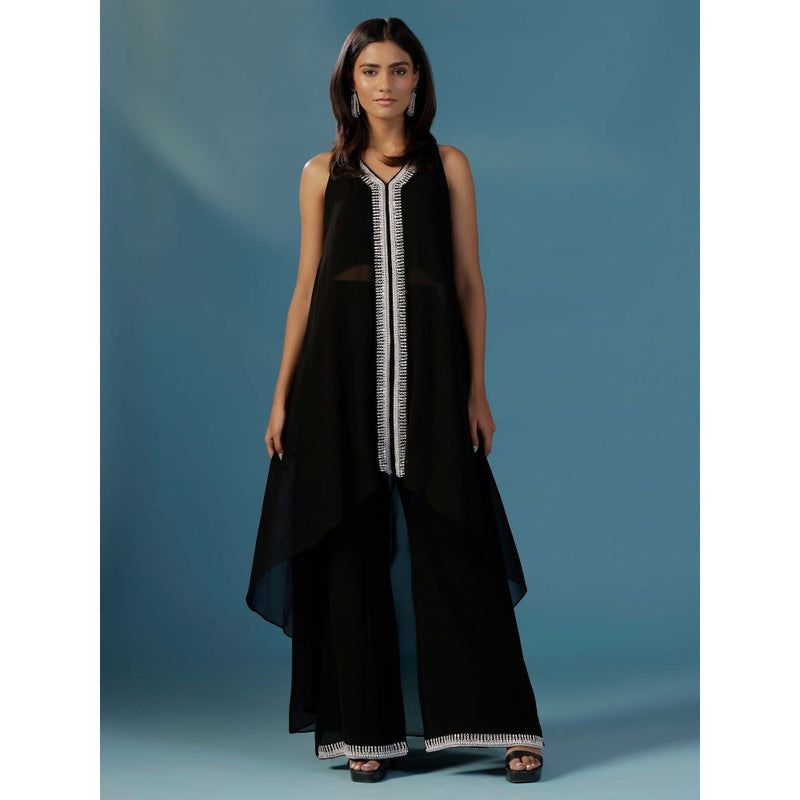 "Two Sisters" by Gyans Black Halter Georgette Hand Embroidery Cut Daba Co-Ord (Set of 2)