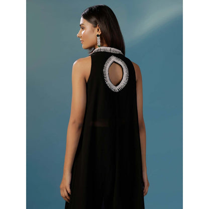 "Two Sisters" by Gyans Black Halter Georgette Hand Embroidery Cut Daba Co-Ord (Set of 2)
