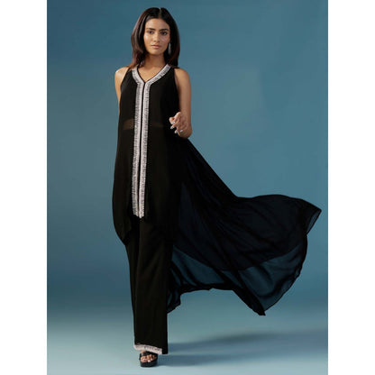 "Two Sisters" by Gyans Black Halter Georgette Hand Embroidery Cut Daba Co-Ord (Set of 2)