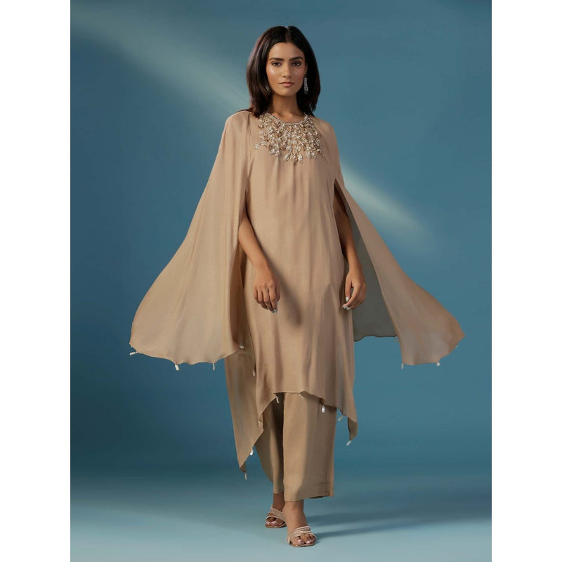 "Two Sisters" by Gyans Golden Shimmer Georgette Cape Nakshi Zardozi Kurta with Pant (Set of 2)