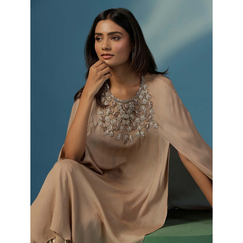 "Two Sisters" by Gyans Golden Shimmer Georgette Cape Nakshi Zardozi Kurta with Pant (Set of 2)