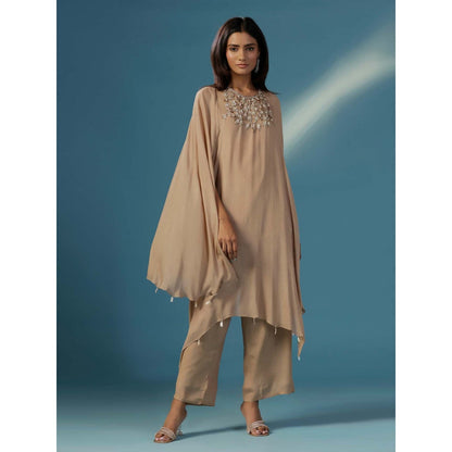 "Two Sisters" by Gyans Golden Shimmer Georgette Cape Nakshi Zardozi Kurta with Pant (Set of 2)