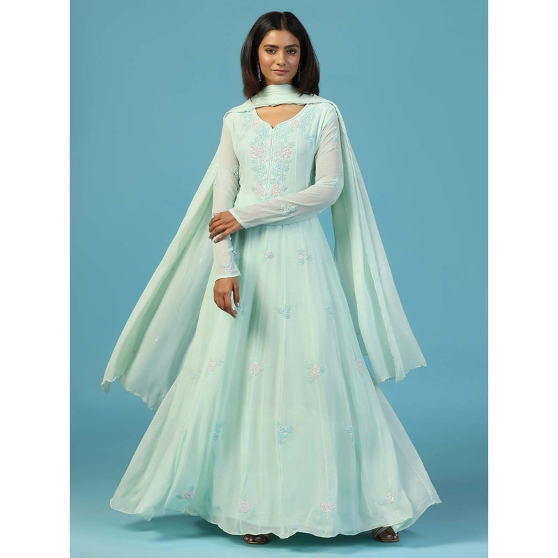 "Two Sisters" by Gyans Soft Blue Anarkali Kurta With Churidar Pant and Dupatta (Set of 3)