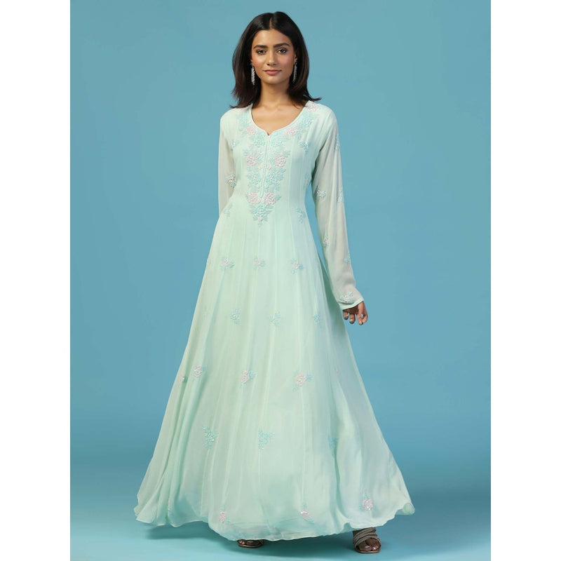 "Two Sisters" by Gyans Soft Blue Anarkali Kurta With Churidar Pant and Dupatta (Set of 3)