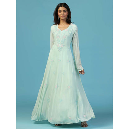 "Two Sisters" by Gyans Soft Blue Anarkali Kurta With Churidar Pant and Dupatta (Set of 3)