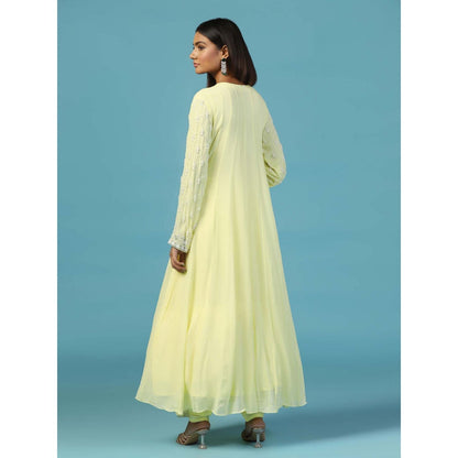 "Two Sisters" by Gyans Lemon Yellow Anarkali Kurta With Churidar Pant and Dupatta (Set of 3)