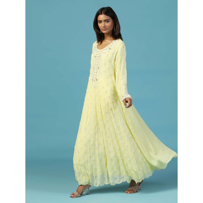 "Two Sisters" by Gyans Lemon Yellow Anarkali Kurta With Churidar Pant and Dupatta (Set of 3)