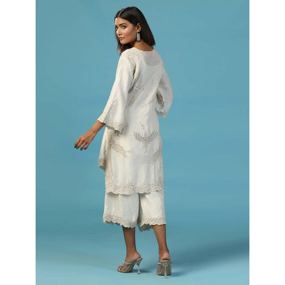 "Two Sisters" by Gyans White Cotton Chanderi Hand Embroidered Flying Birds Co-Ord (Set of 2)