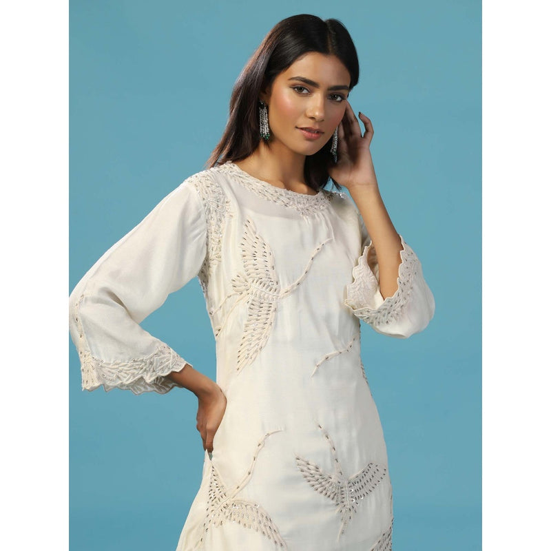 "Two Sisters" by Gyans White Cotton Chanderi Hand Embroidered Flying Birds Co-Ord (Set of 2)